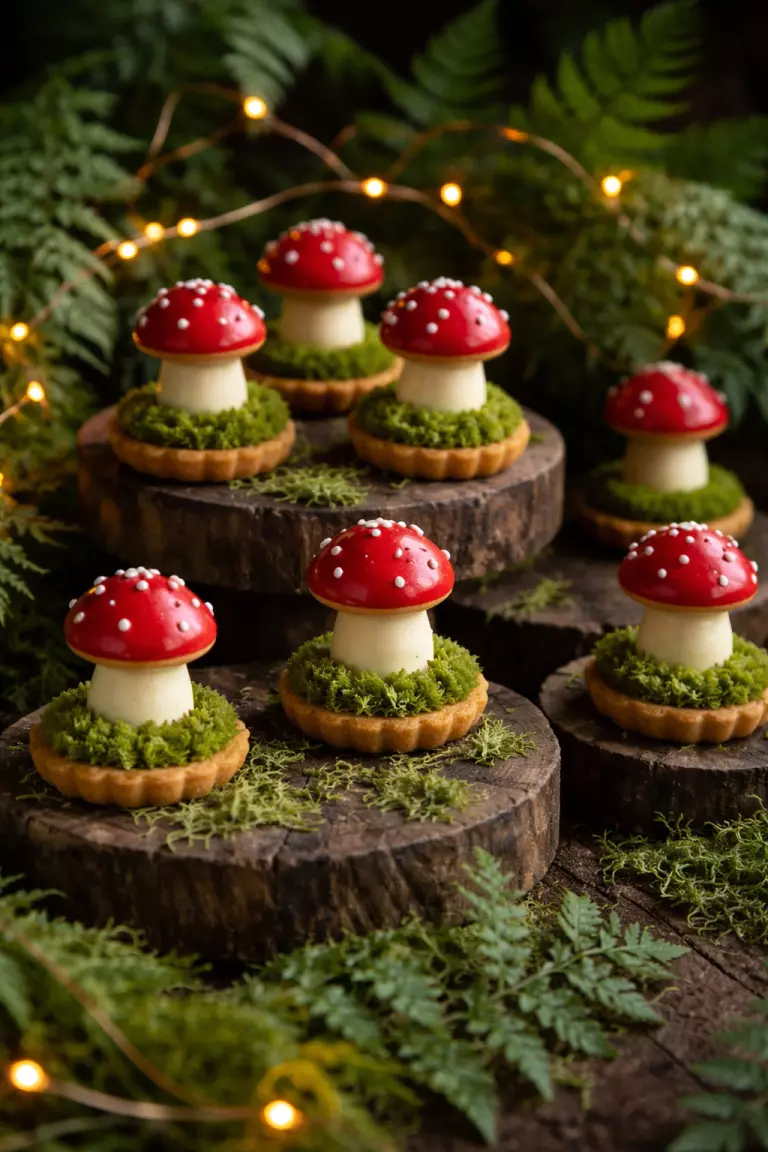 A realistic photo of tiny pastries shaped like red mushrooms and edible green moss, arranged on rustic wooden risers with thin copper fairy lights woven through real ferns.