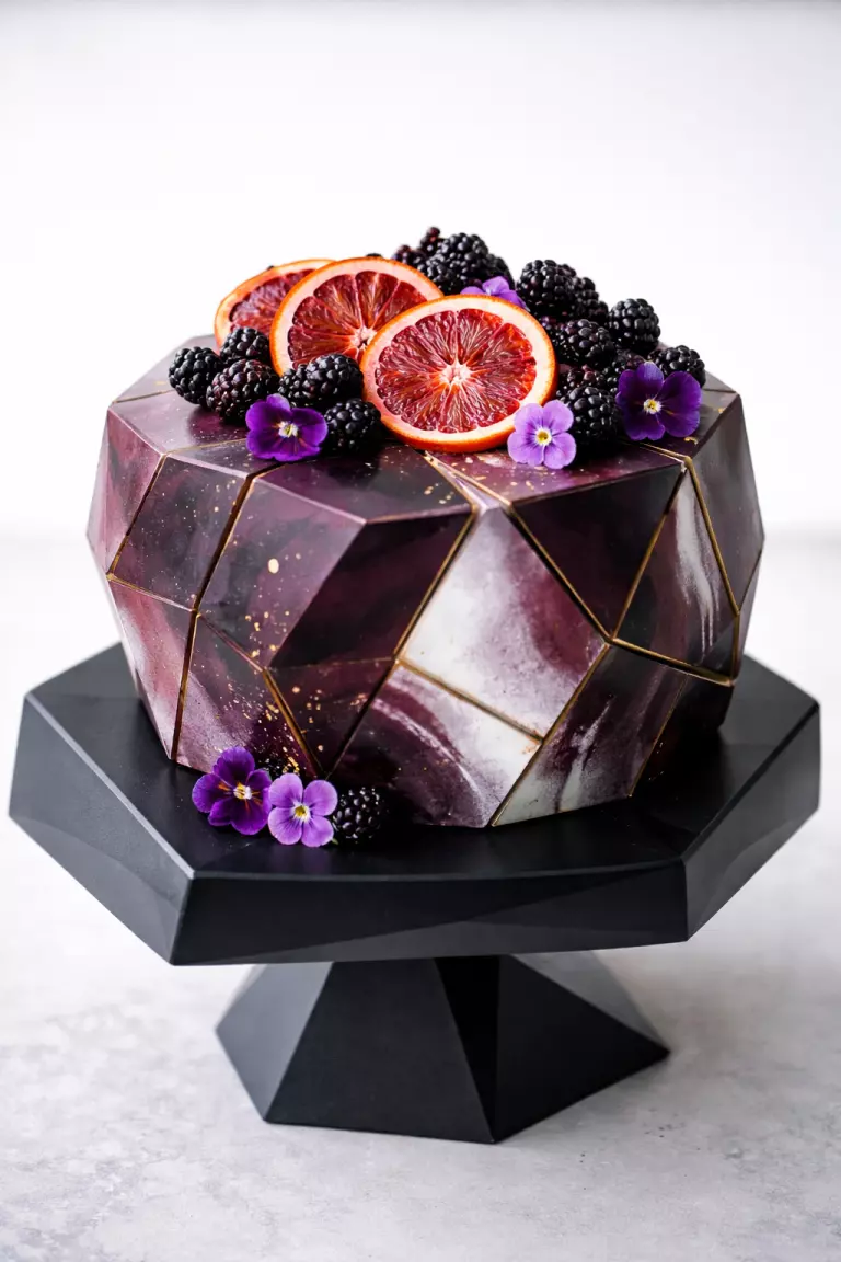 A realistic photo of a modern geometric cake sculpture topped with sliced blood oranges and dark purple blackberries, displayed on a black angular pedestal stand with edible purple flowers.