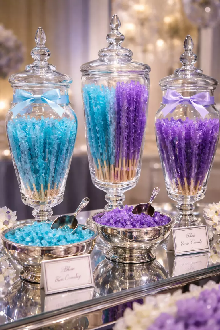 A realistic photo of a luxury candy bar with tall glass jars filled with blue and purple rock candy sticks, set on a mirrored tabletop with small silver serving scoops.