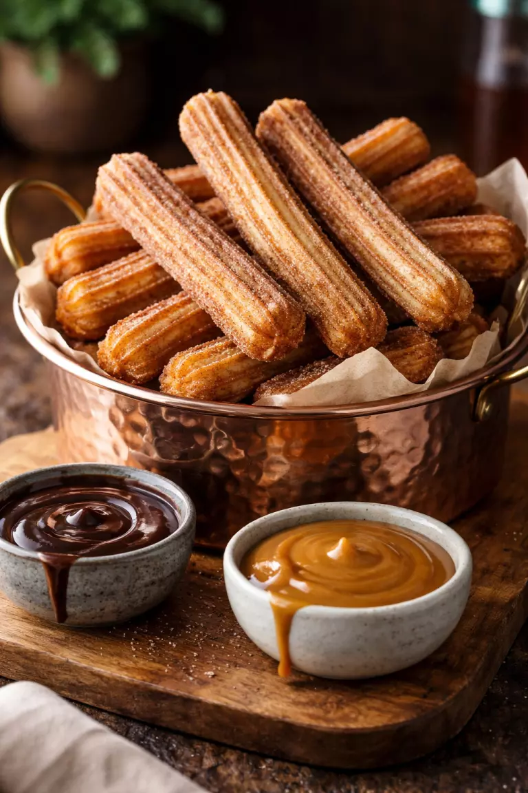 A realistic photo of long cinnamon sugar churros piled on a shiny copper stand, with small ceramic bowls of dark chocolate and caramel sauce.