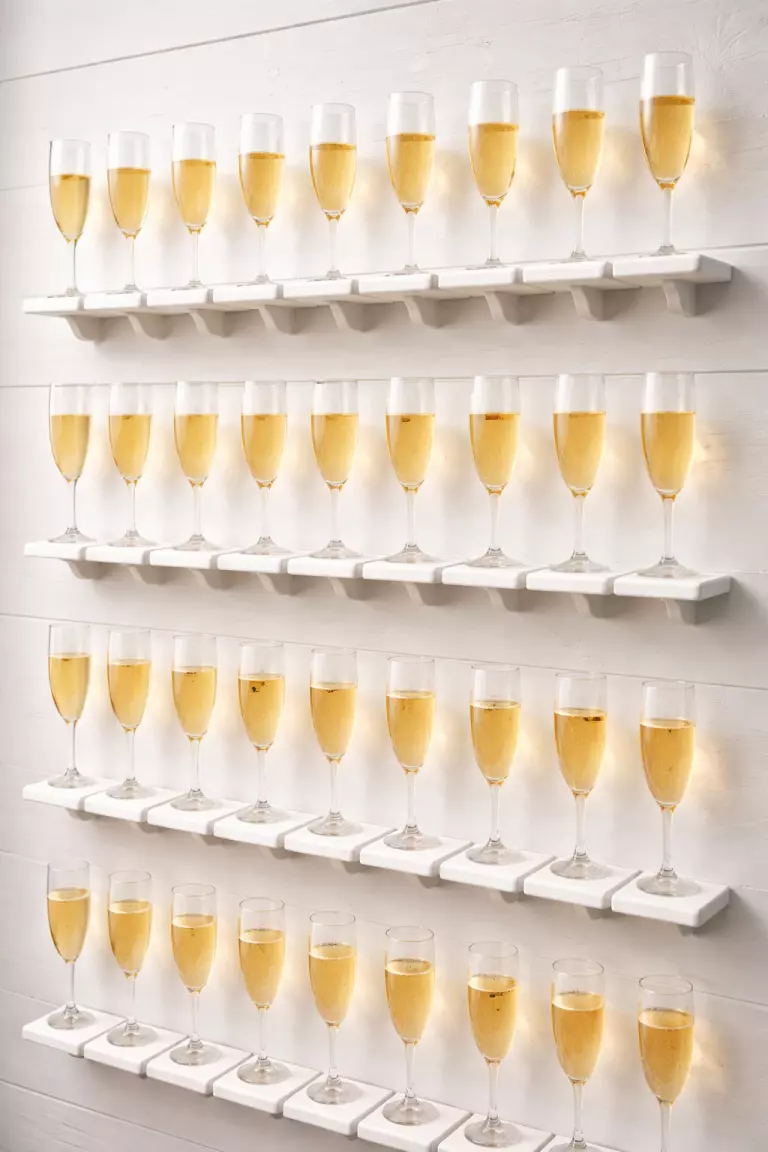 A realistic photo of a white wooden wall with small shelves holding glass champagne flutes filled with bubbling golden sparkling wine.