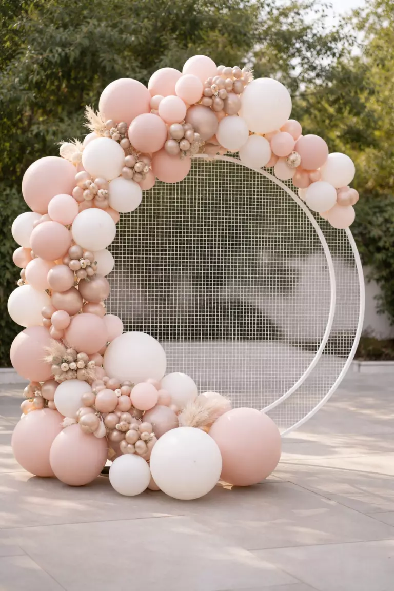 A realistic photo of an organic balloon arch with blush pink and matte white balloons of various sizes, winding around a white metal mesh circle frame.
