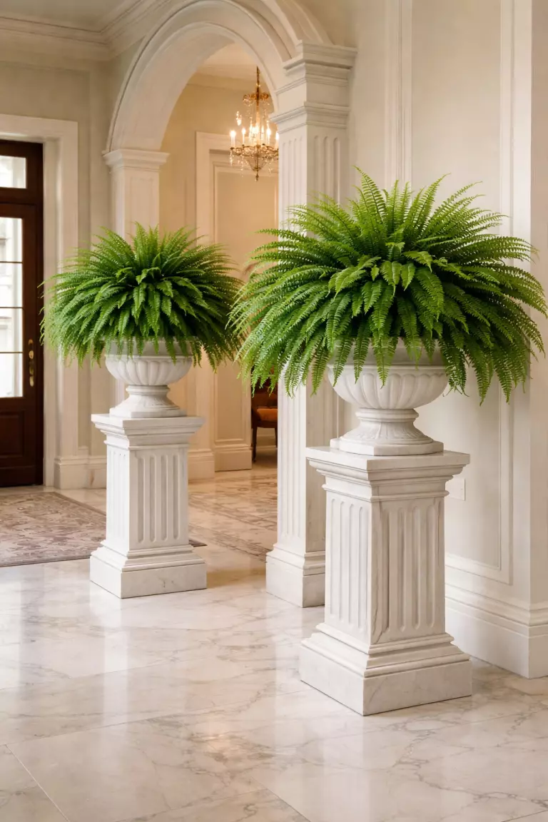 A realistic photo of two white fluted stone pedestals topped with large emerald green ferns in an elegant marble hallway entrance.