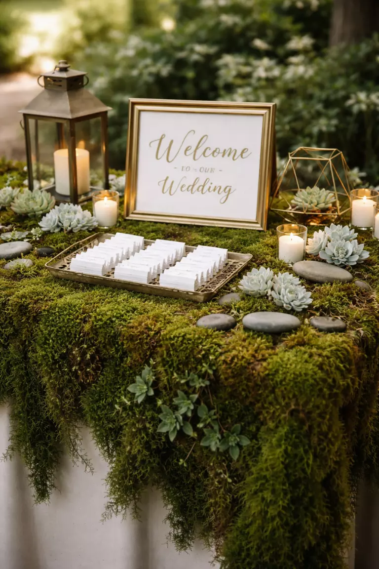 A realistic photo of a wedding welcome table covered in thick green forest moss, with small white succulents and flat river stones.