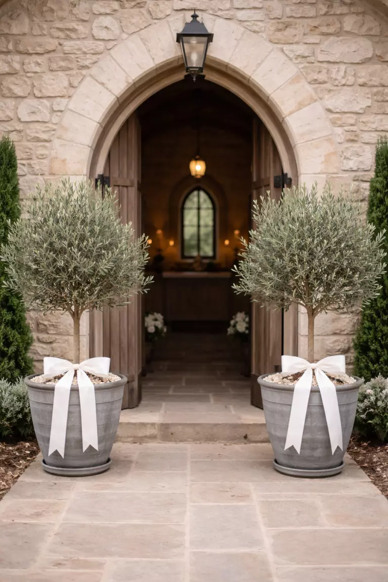 A realistic photo of two medium sized olive trees in grey terracotta pots, decorated with simple white ribbon bows at the entrance of a stone chapel.