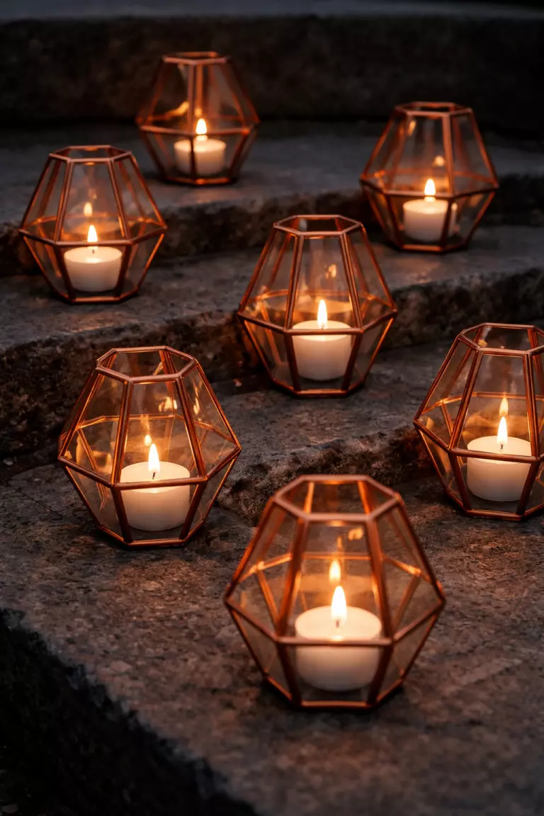 A realistic photo of several copper geometric glass lanterns containing small white tea light candles, scattered on a dark grey stone step.