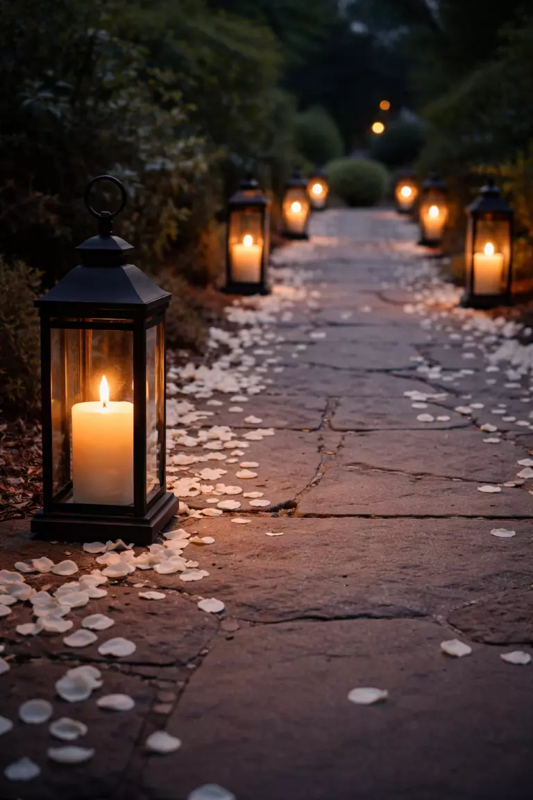 A realistic photo of a stone walkway lined with black iron lanterns containing flickering cream candles, surrounded by scattered white flower petals on a cool evening.