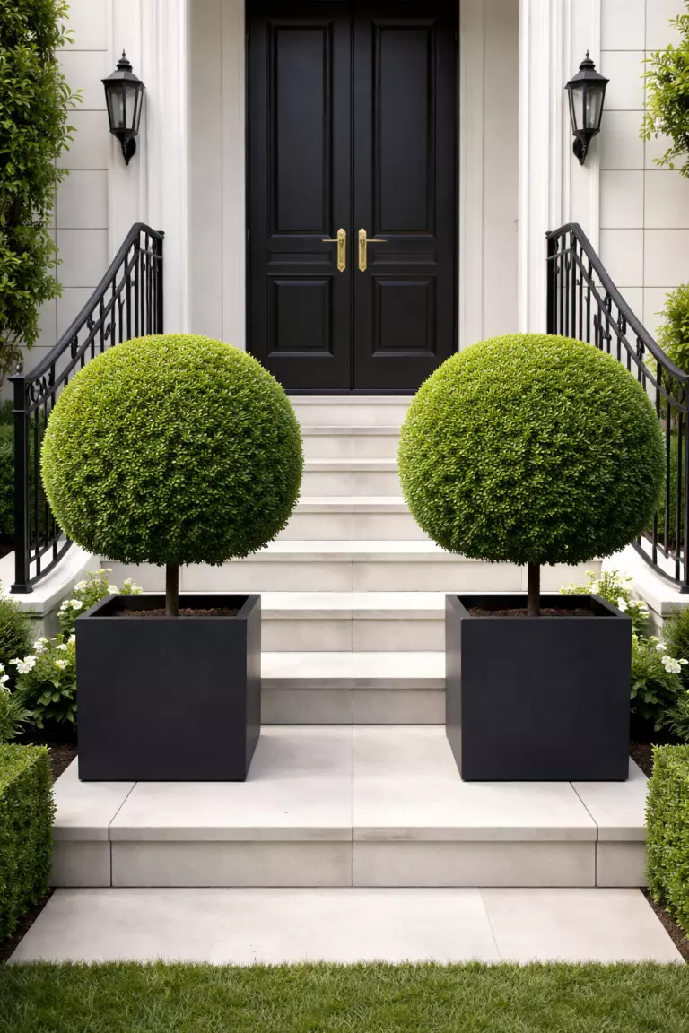 A realistic photo of two perfectly round green boxwood topiary trees in black square planters, flanking a set of white stone stairs.