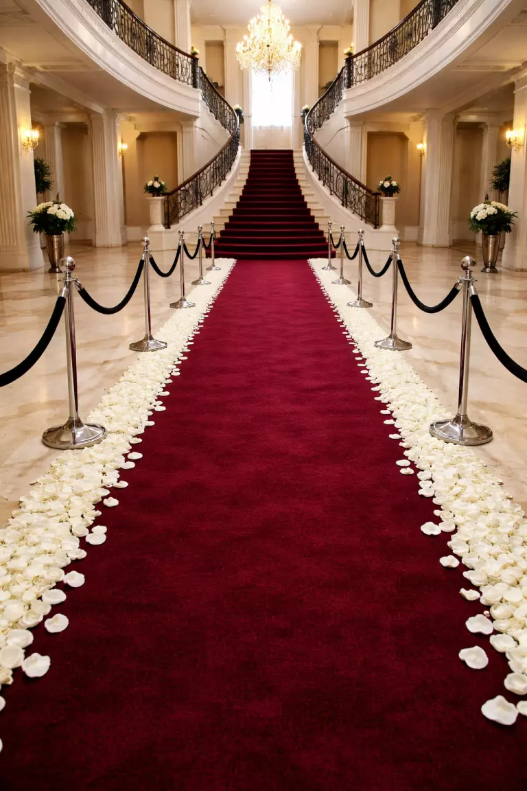 A realistic photo of a long plush burgundy carpet runner stretched across a grand foyer, bordered by white rose petals and silver stanchions with black ropes.