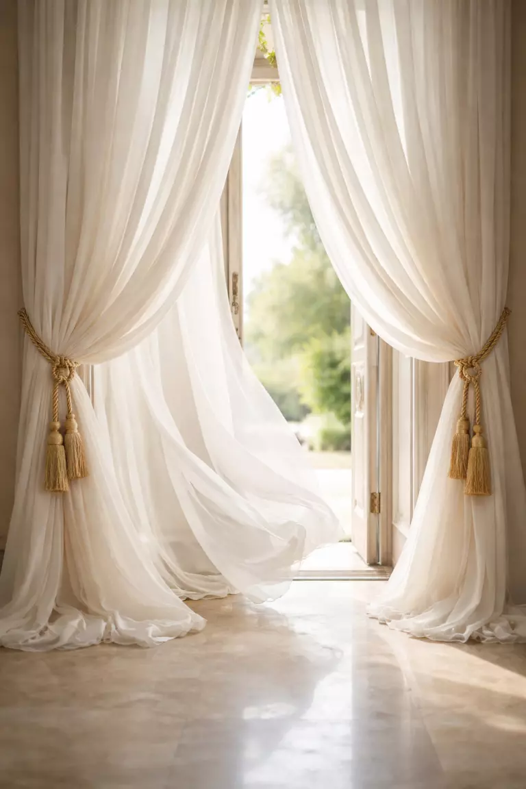 A realistic photo of long flowing white chiffon drapes tied back with gold silk cords at a tall doorway with a soft breeze.