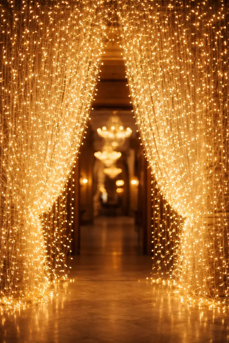 A realistic photo of thousands of warm white fairy lights hanging like a shimmering curtain across a grand doorway with soft focus in the background.