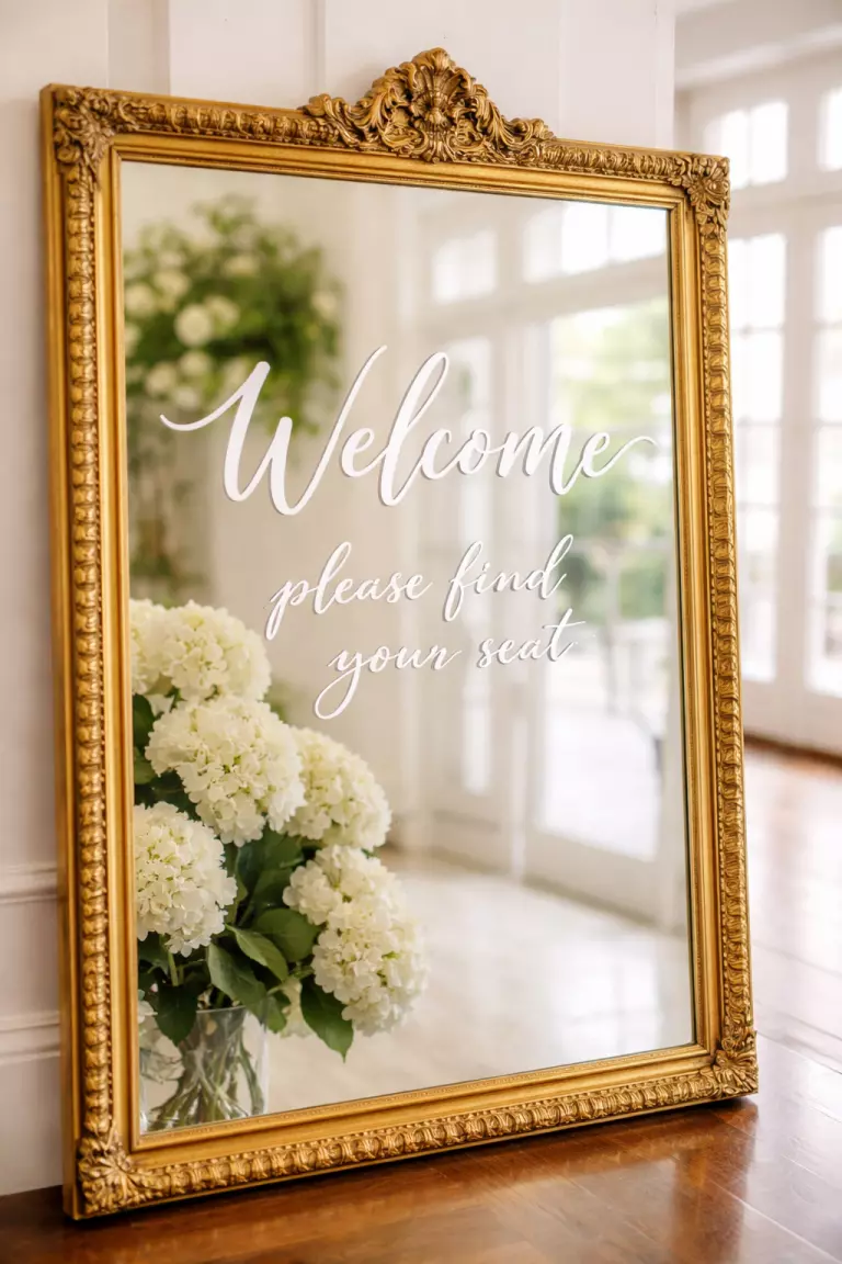 A realistic photo of a large gold framed mirror with white calligraphy text, reflecting a bunch of soft white hydrangeas and a bright airy indoor entrance.