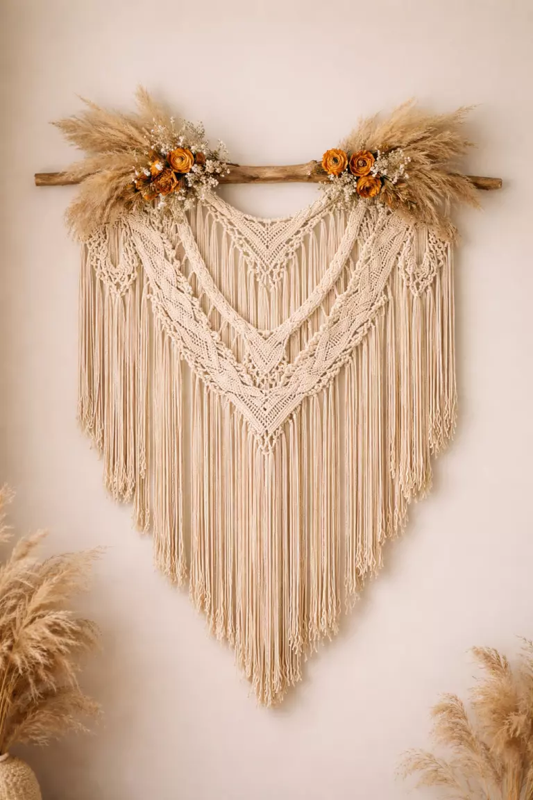 A realistic photo of a large cream macrame wall hanging with intricate bohemian knots, decorated with dried orange flowers and pampas grass at the top.