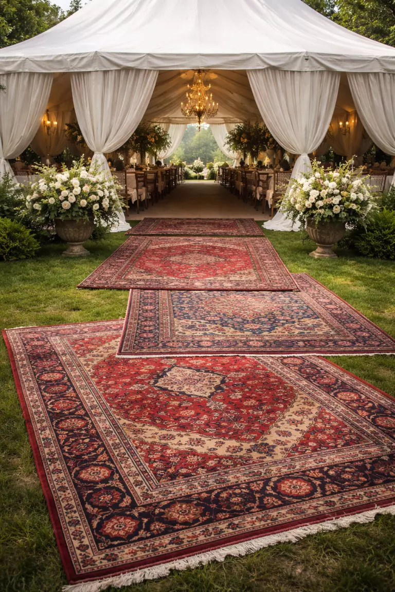A realistic photo of several overlapping Persian rugs with red and blue patterns, leading into a wedding tent on a grassy lawn.