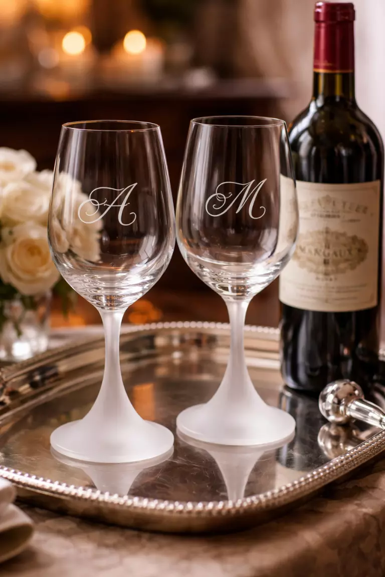 A realistic photo of two elegant crystal wine glasses with frosted stemless bases and delicate monogrammed initials, sitting on a silver tray next to a bottle of vintage red wine.