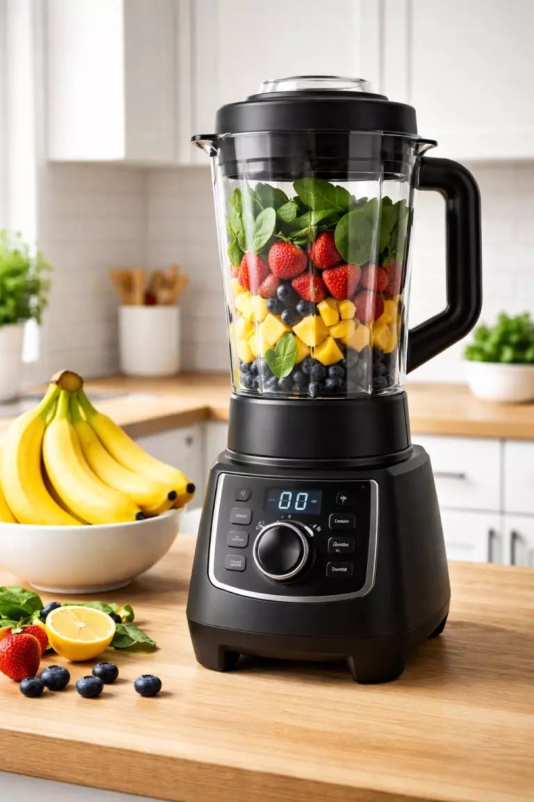 A realistic photo of a professional black high speed blender filled with colorful frozen fruits and spinach, sitting on a light oak wooden countertop next to a bowl of fresh yellow bananas.