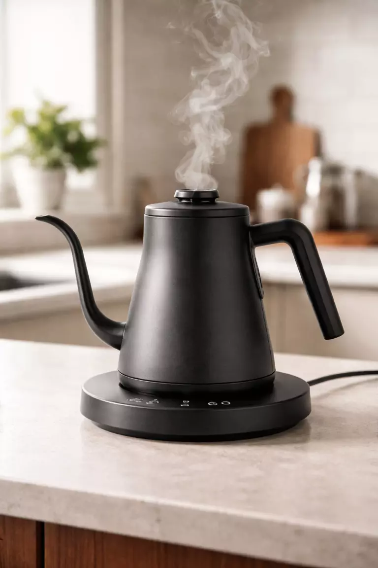 A realistic photo of a matte charcoal black electric gooseneck kettle with a thin curved spout, sitting on its base on a kitchen counter with steam rising from the top.