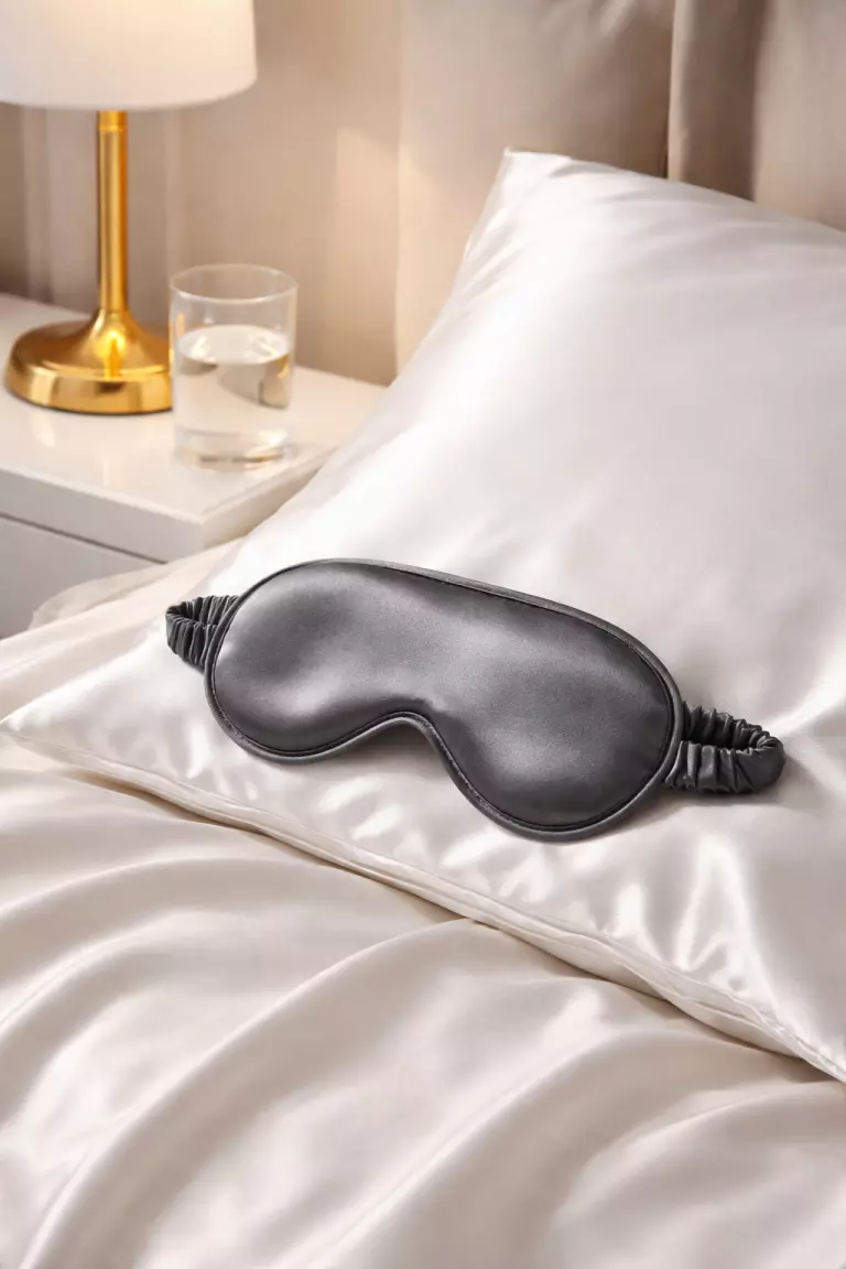 A realistic photo of a shimmering charcoal grey silk sleep mask resting on a soft white mulberry silk pillowcase, with a glass of water and a gold lamp on a bedside table nearby.