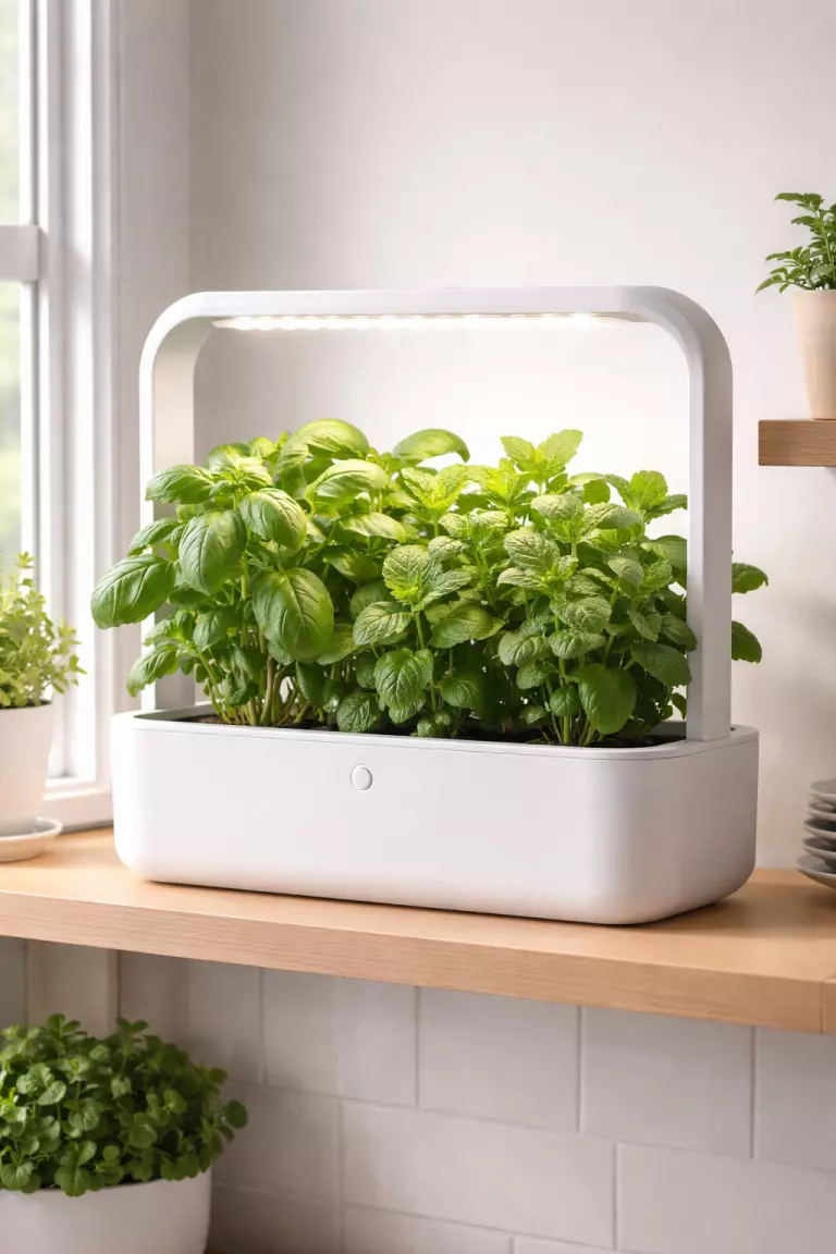A realistic photo of a white smart indoor herb garden with glowing LED grow lights, containing vibrant green basil and mint plants on a kitchen shelf near a window.