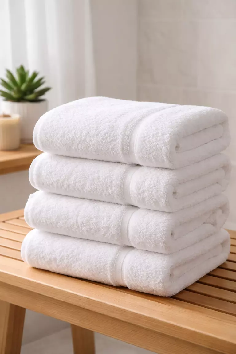A realistic photo of a stack of four thick white plush cotton bath towels neatly folded on a wooden bathroom bench, with a small green succulent plant and a decorative candle in the background.