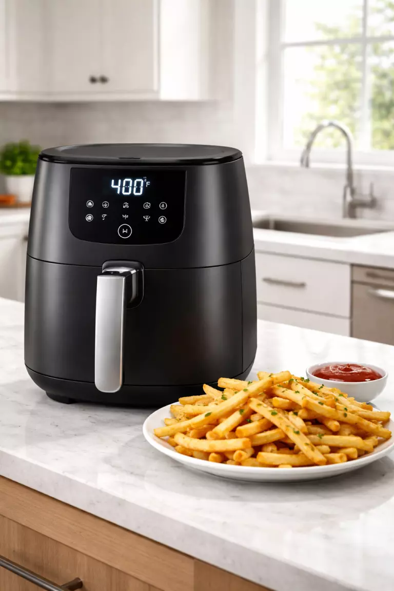 A realistic photo of a matte black digital air fryer on a kitchen counter, with a plate of crispy golden brown french fries sitting next to it in a bright kitchen.