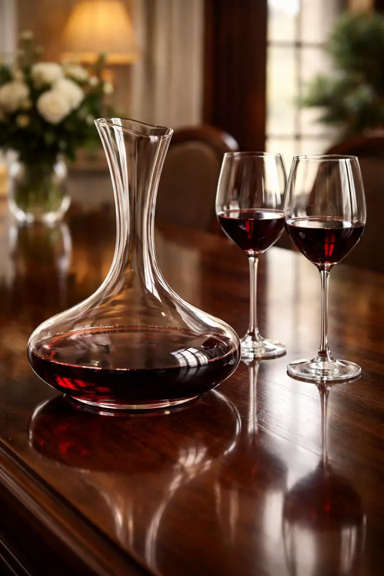 A realistic photo of an elegant clear crystal wine decanter with a wide base, filled with red wine, sitting on a polished mahogany dining table next to two wine glasses.