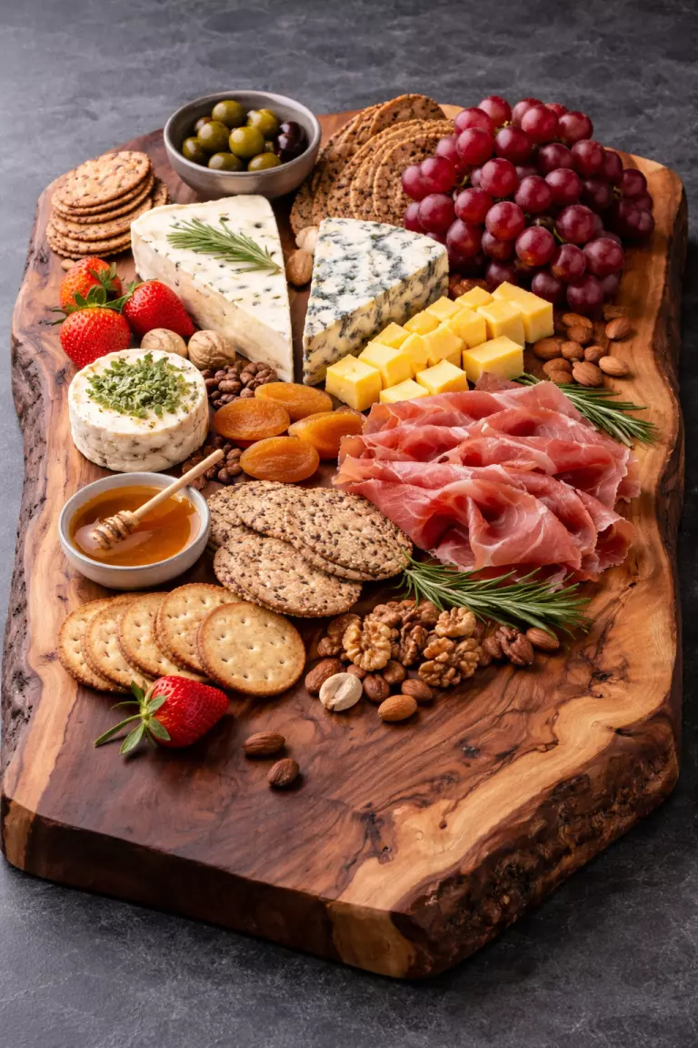 A realistic photo of a large live edge walnut wood charcuterie board topped with assorted cheeses, crackers, red grapes, and sliced prosciutto, resting on a dark slate surface.