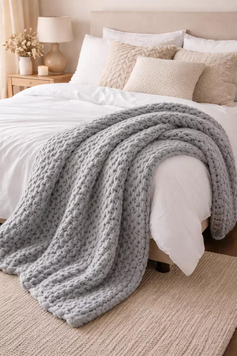 A realistic photo of a thick light grey knitted weighted blanket draped over the corner of a cozy bed with white linens and stuffed decorative pillows.