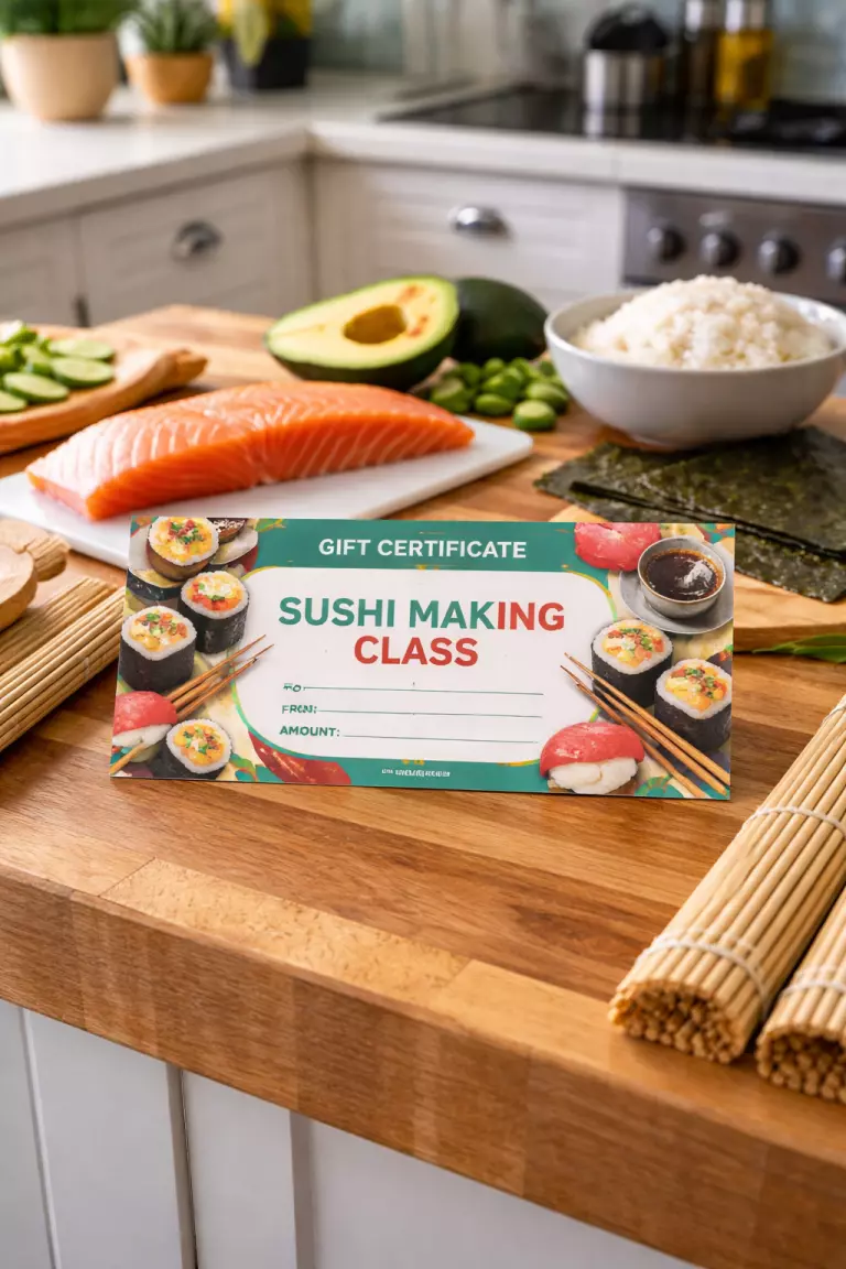 A realistic photo of a vibrant kitchen scene where a colorful gift certificate for a sushi making class sits on a wooden island surrounded by fresh salmon, avocado, and bamboo rolling mats.