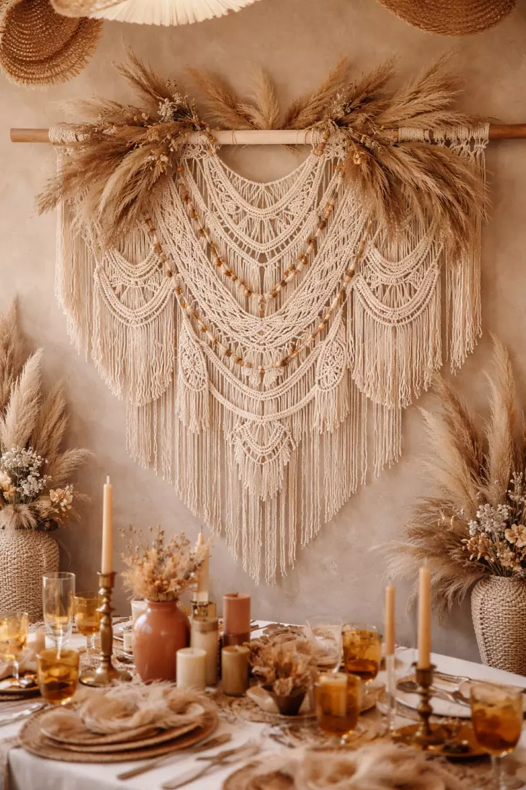 A realistic photo of an intricate cream-colored macrame wall hanging decorated with dried pampas grass and wooden beads in a bohemian desert-themed reception.