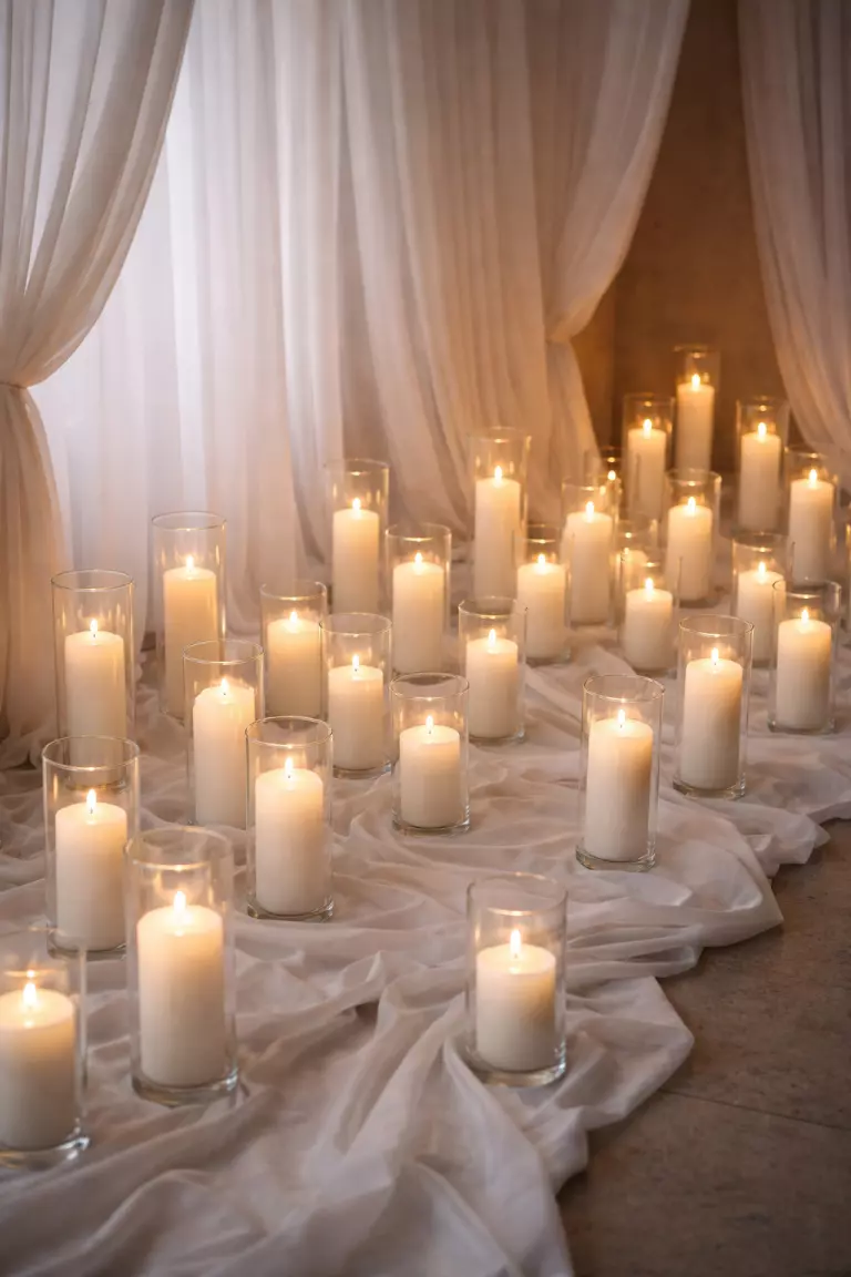 A realistic photo of white fabric drapes with dozens of flickering LED pillar candles in glass holders arranged at different heights on the floor.