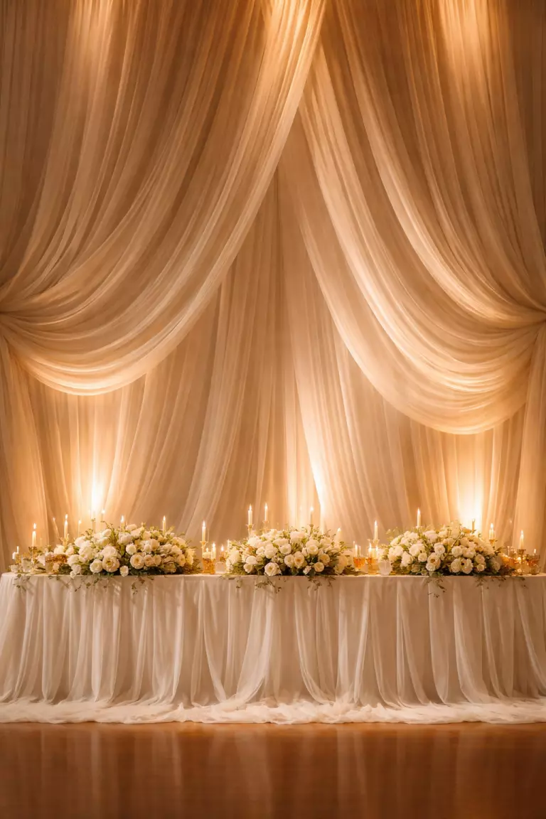 A realistic photo of layered sheer chiffon fabric in soft ivory and champagne tones cascading from a high ceiling behind a long wedding head table with warm spotlighting.