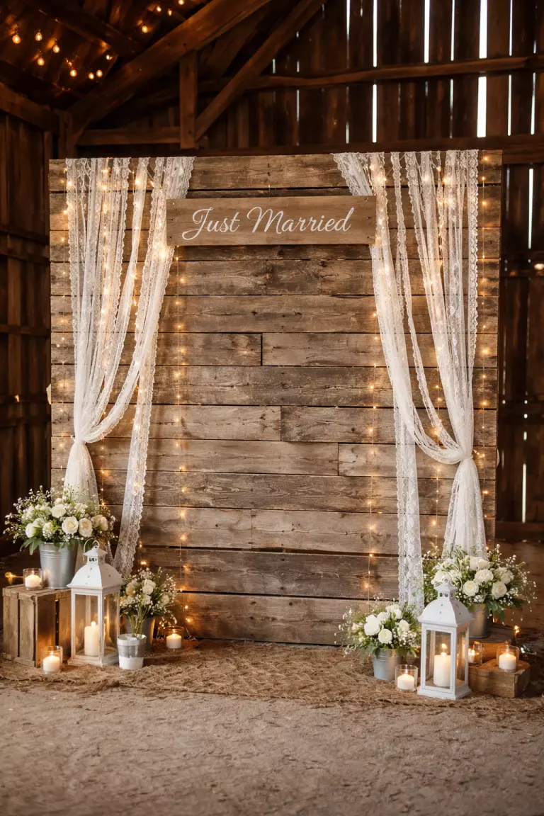 A realistic photo of a freestanding weathered wood pallet backdrop decorated with white lace ribbons and a 'Just Married' wooden sign in a rustic barn.