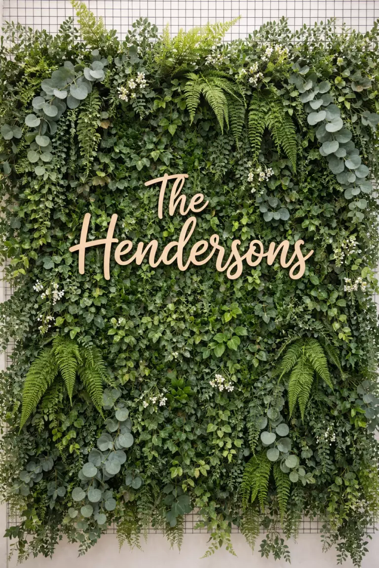 A realistic photo of a thick wall of eucalyptus, ivy, and ferns attached to a wire frame with a custom wooden name sign hanging in the center.