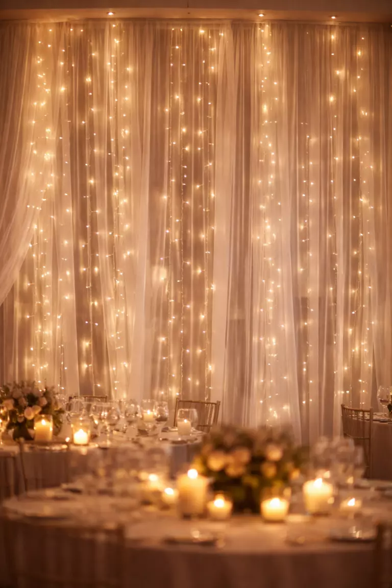 A realistic photo of hundreds of warm white fairy lights hanging vertically behind a transparent white fabric curtain in a dimly lit evening reception hall.