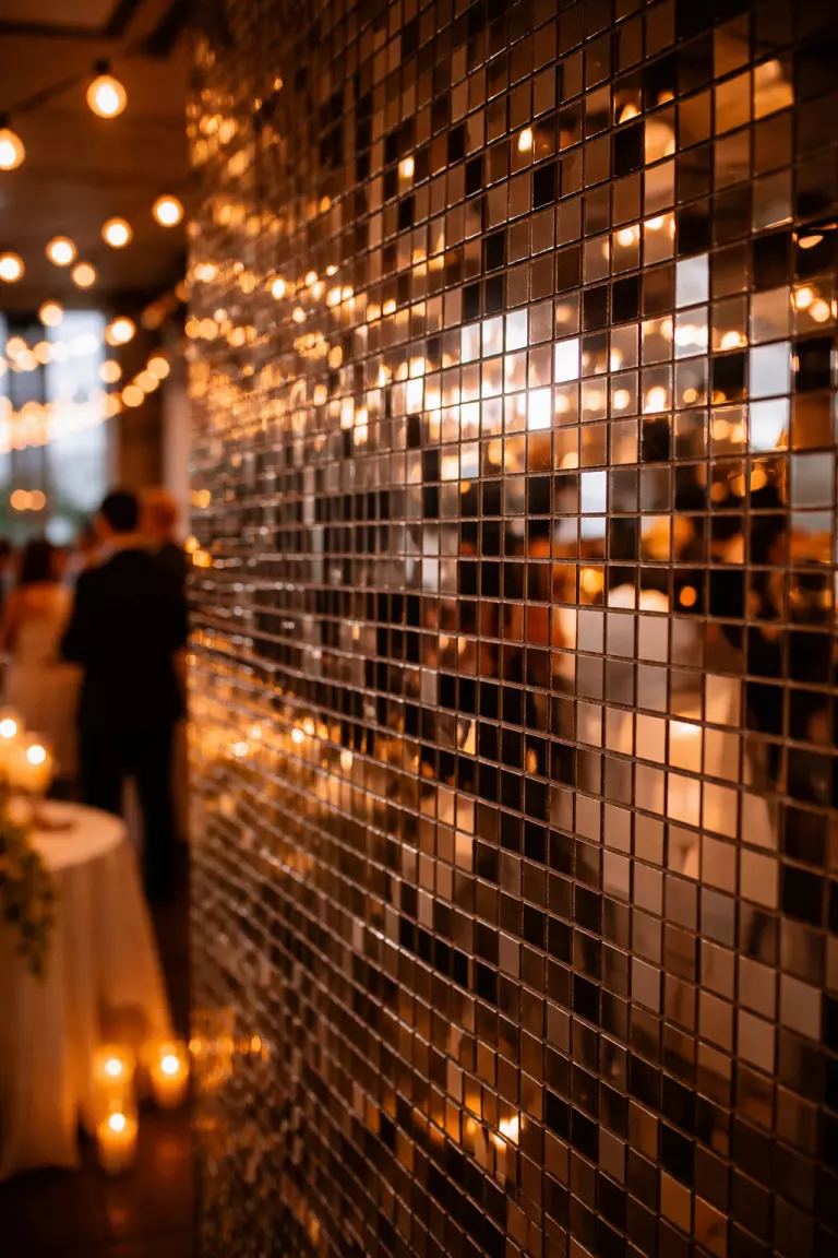 A realistic photo of a wall made of small square acrylic mirror tiles reflecting the warm amber lights of an urban wedding reception.