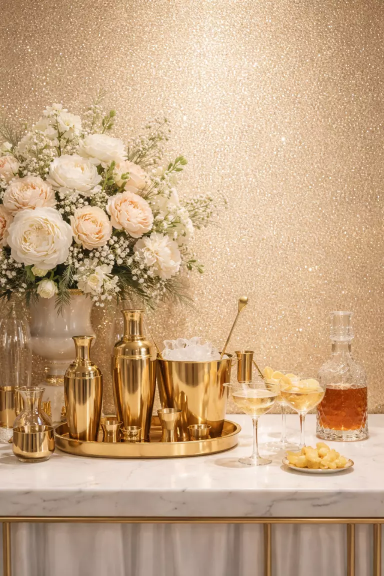 A realistic photo of a champagne-colored glitter vinyl wall sparkling behind a high-end wedding bar with gold cocktail accessories.