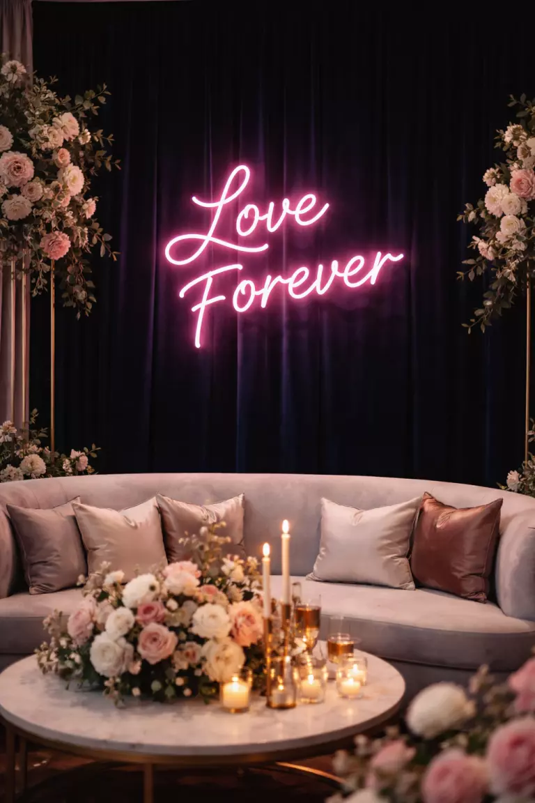 A realistic photo of a bright pink neon sign saying 'Love Forever' mounted on a dark navy velvet wall in a contemporary wedding reception booth.