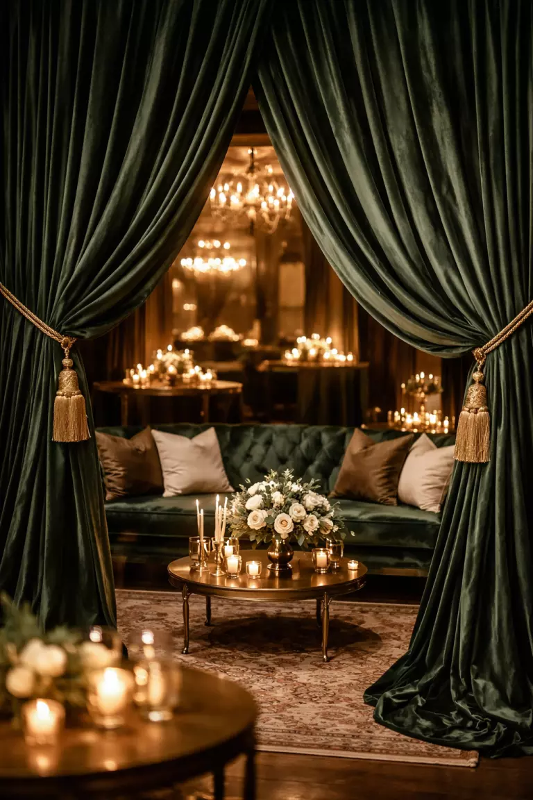 A realistic photo of thick emerald green velvet curtains draped elegantly with gold tassel tiebacks in an intimate, moody wedding reception lounge.