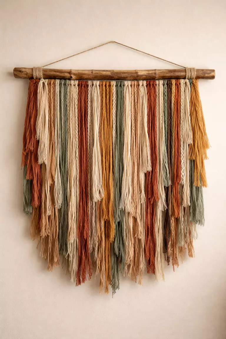 A realistic photo of a colorful fringe curtain made of yarn and fabric strips in muted earth tones, hanging from a thick wooden dowel.