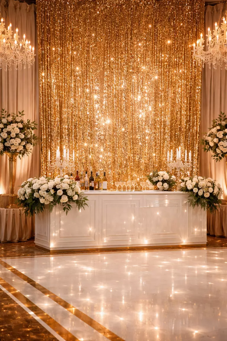A realistic photo of a shimmering gold sequin backdrop reflecting bright dance floor lights with a nearby bar area in a glamorous wedding setting.