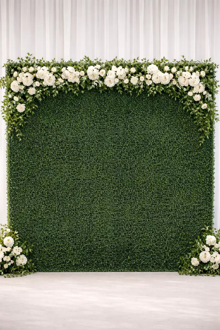 A realistic photo of a solid dark green boxwood hedge wall with a small white floral garland across the top at a formal wedding reception.