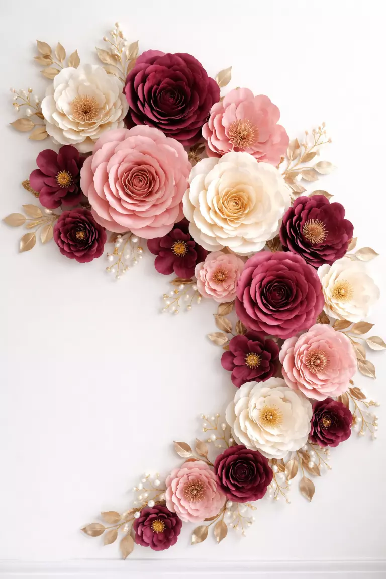 A realistic photo of oversized DIY paper flowers in shades of burgundy, blush, and cream arranged in a flowing pattern on a white wall.