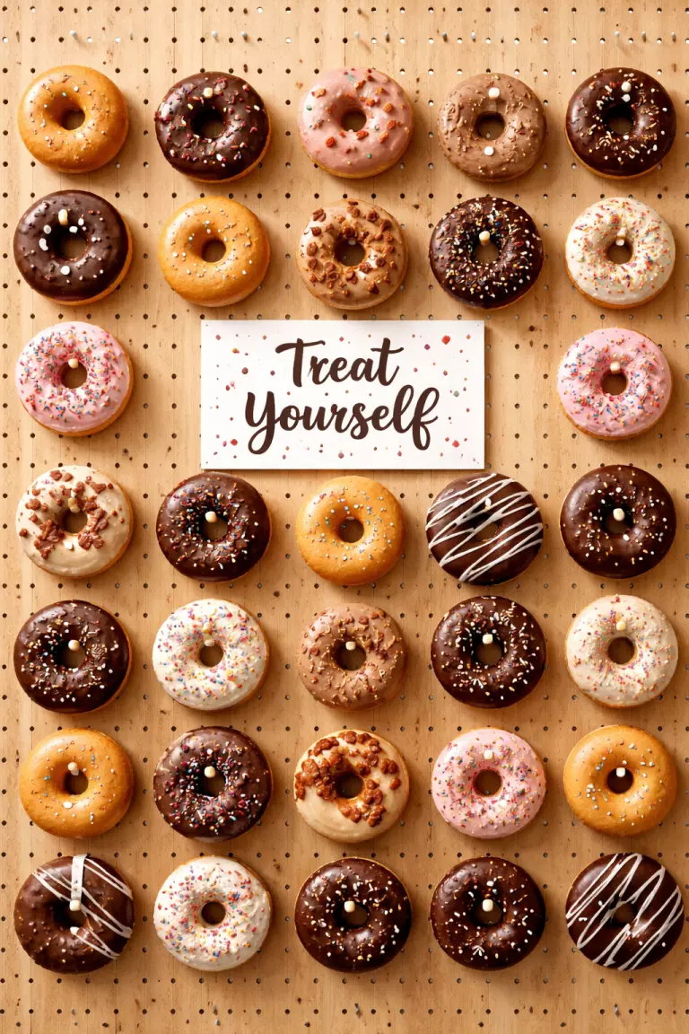 A realistic photo of a light wood pegboard wall covered in various glazed and chocolate donuts with a small white sign that says Treat Yourself.