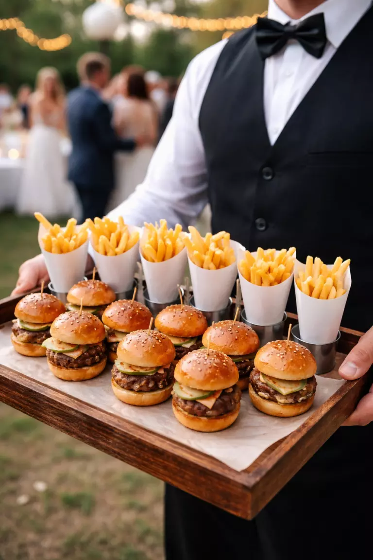 A realistic photo of a waiter carrying a tray of mini sliders and small white cardboard cones of french fries during a wedding party.