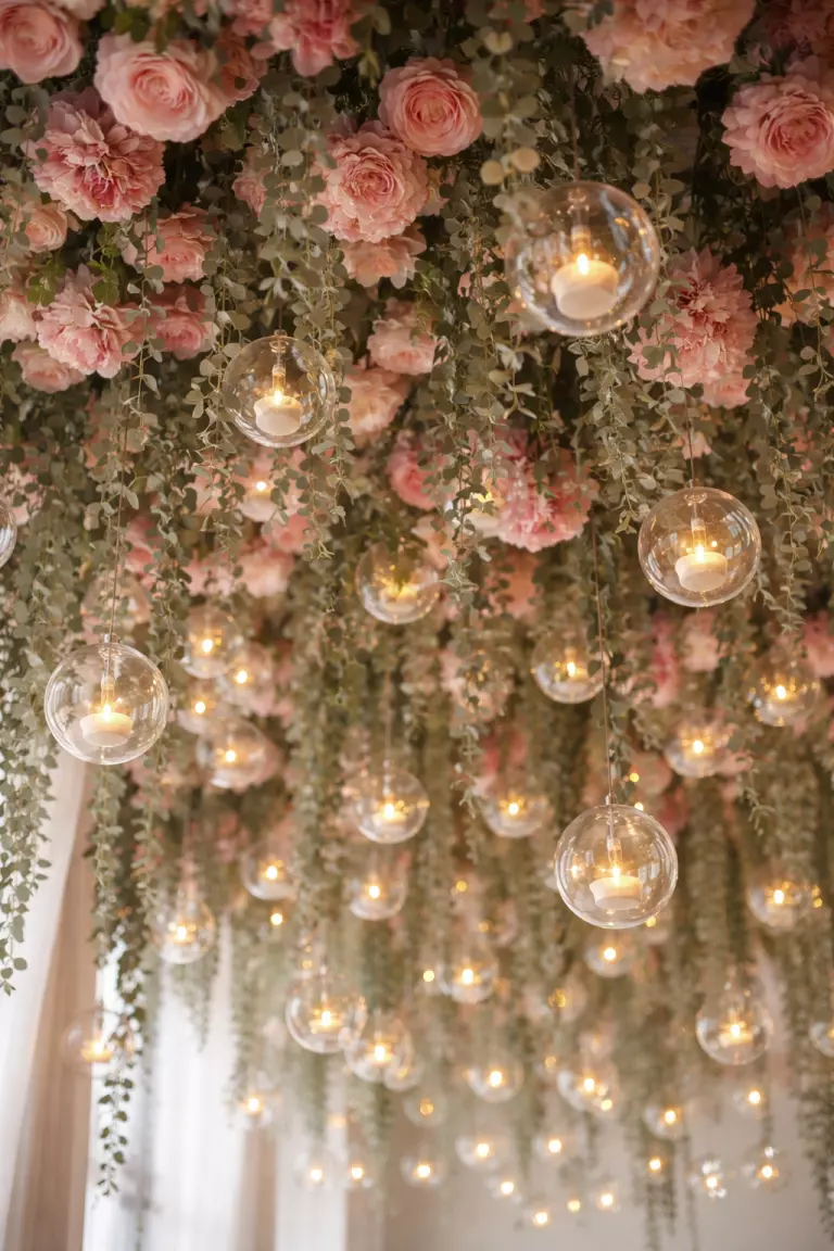 A realistic photo looking up at a ceiling decorated with hanging pink roses, clear glass orbs containing wax tealight candles, and long strands of eucalyptus.