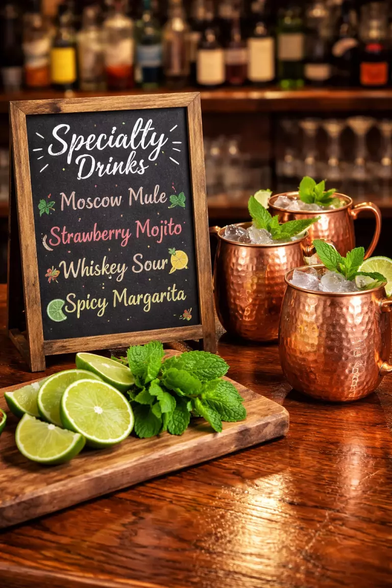 A realistic photo of a wooden bar top with a small black chalkboard sign listing specialty drinks next to copper moscow mule mugs and fresh garnishes like lime and mint.