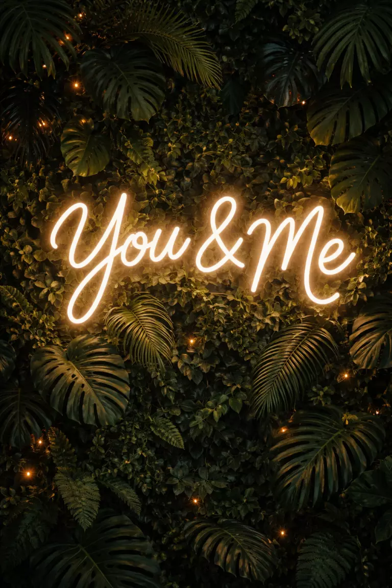 A realistic photo of a bright warm white neon sign displaying a romantic phrase mounted on a wall of dark green tropical leaves.