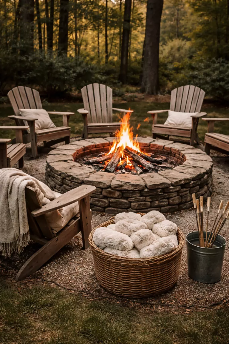 A realistic photo of an outdoor stone fire pit surrounded by Adirondack chairs with a basket of white fluffy blankets and sticks for marshmallows.