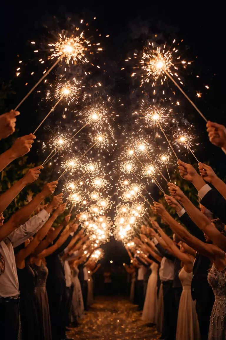 A realistic photo of many long silver sparklers held by guests creating a tunnel of bright yellow sparks under a dark night sky.